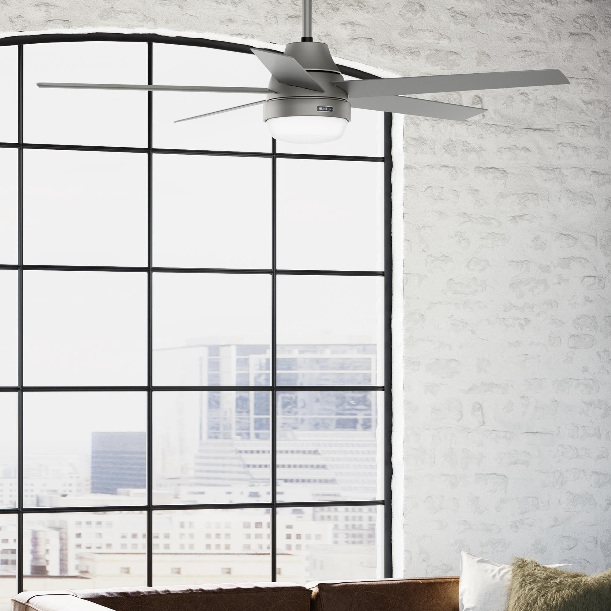 Hunter - Aerodyne Indoor Ceiling Fan With Light, Remote, 60-inch, Matte Silver, Casual-style, 6-speed DC Motor, Energy Star, WiFi Smarthome, 52834, for Living Rooms, Bedrooms