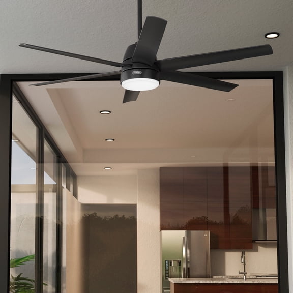 Hunter 60 inch Outdoor or Indoor Ceiling Fan with LED Light - Black Ceiling Fan with Wall Control, For Patio, Garage, or Porch, Quiet, Standard Mount, 6 Blades - Skysail 51875, Matte Black