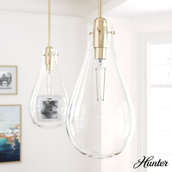 Hunter - Lundin 1-light Alturas Gold, Small Pendant Light, Dimmable, Formal Style, Teardrop Shaped, for Bedrooms, Dining, Living Rooms - 19562