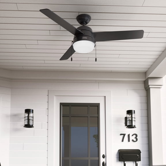 Hunter 52 inch Outdoor or Indoor Ceiling Fan with LED Light and Pull Chain - Black Modern Ceiling Fan, Standard Mount, 3 Blades, For Patio, Porch, Garage, or Living Room - Aker 50386, Matte Black