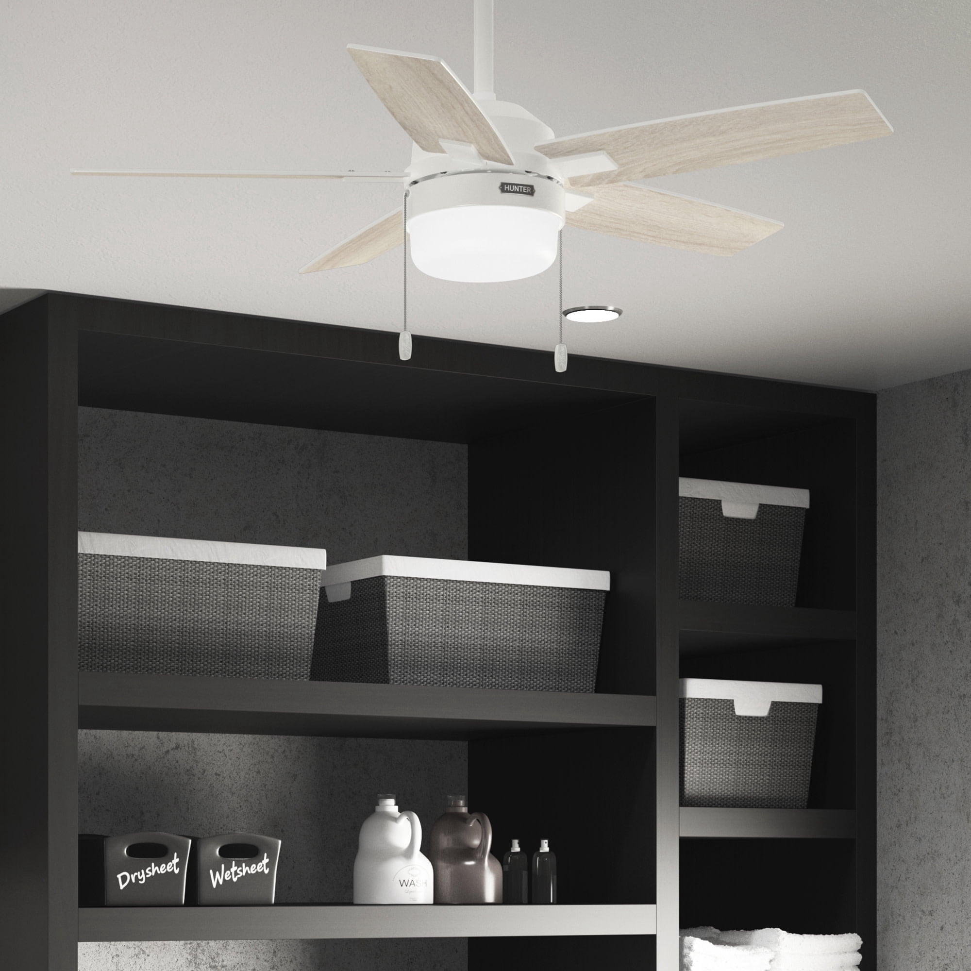 Hunter 44 inch Indoor Ceiling Fan with LED Light - White Ceiling Fan with Pull Chain, For Bedroom or Living Room, Standard Mount, No Remote, 5 Blades, Includes Bulbs - Anisten 52488, Fresh White
