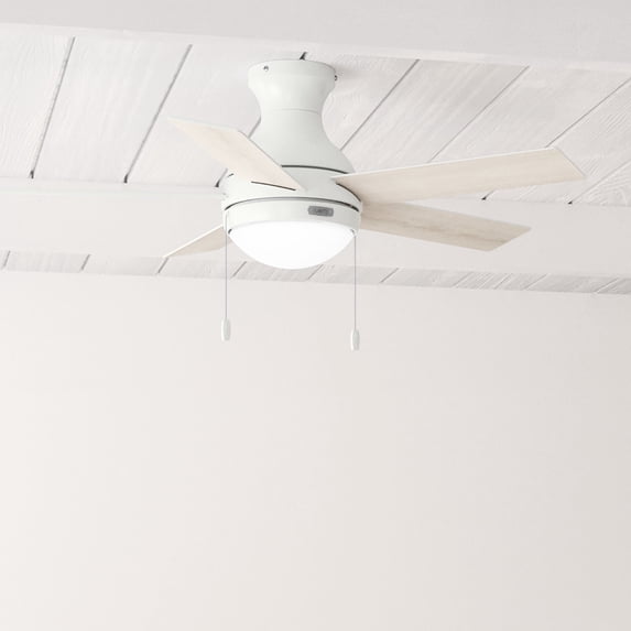 Hunter 44 inch Indoor Ceiling Fan with LED Light - White Ceiling Fan with Pull Chain, For Bedroom, Living Room, or Kitchen, Low Profile Mount, No Remote, 5 Blades - Aren 51448, Fresh White