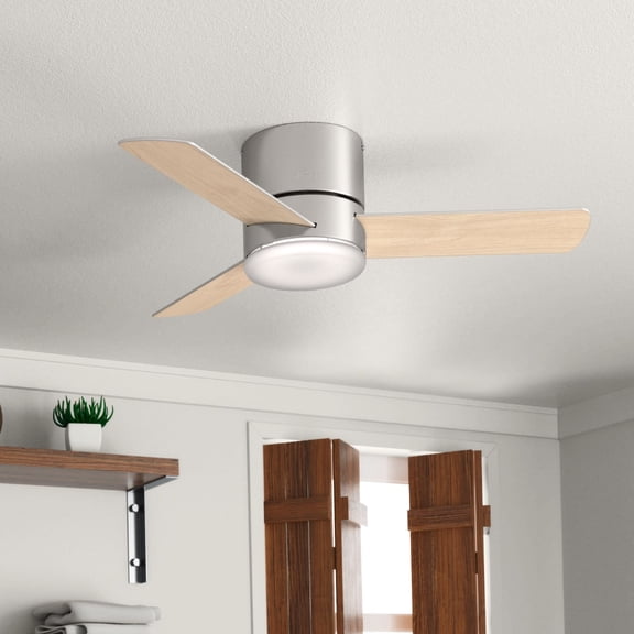 Hunter 44 inch Indoor Ceiling Fan with Light and Remote Control - For Bedroom or Living Room, Low Profile Mount, Modern Ceiling Fan with LED Light, Quiet, 3 Blades - Minimus 59454, Brushed Nickel