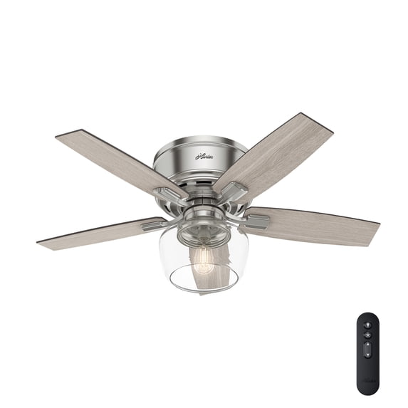 Hunter - Bennett Indoor Low Profile Ceiling Fan With Light, Remote, 44-inch, Brushed Nickel, Transitional-style, 3-speed WhisperWind Motor, 50420, for living rooms, bedrooms, home offices, kitchens