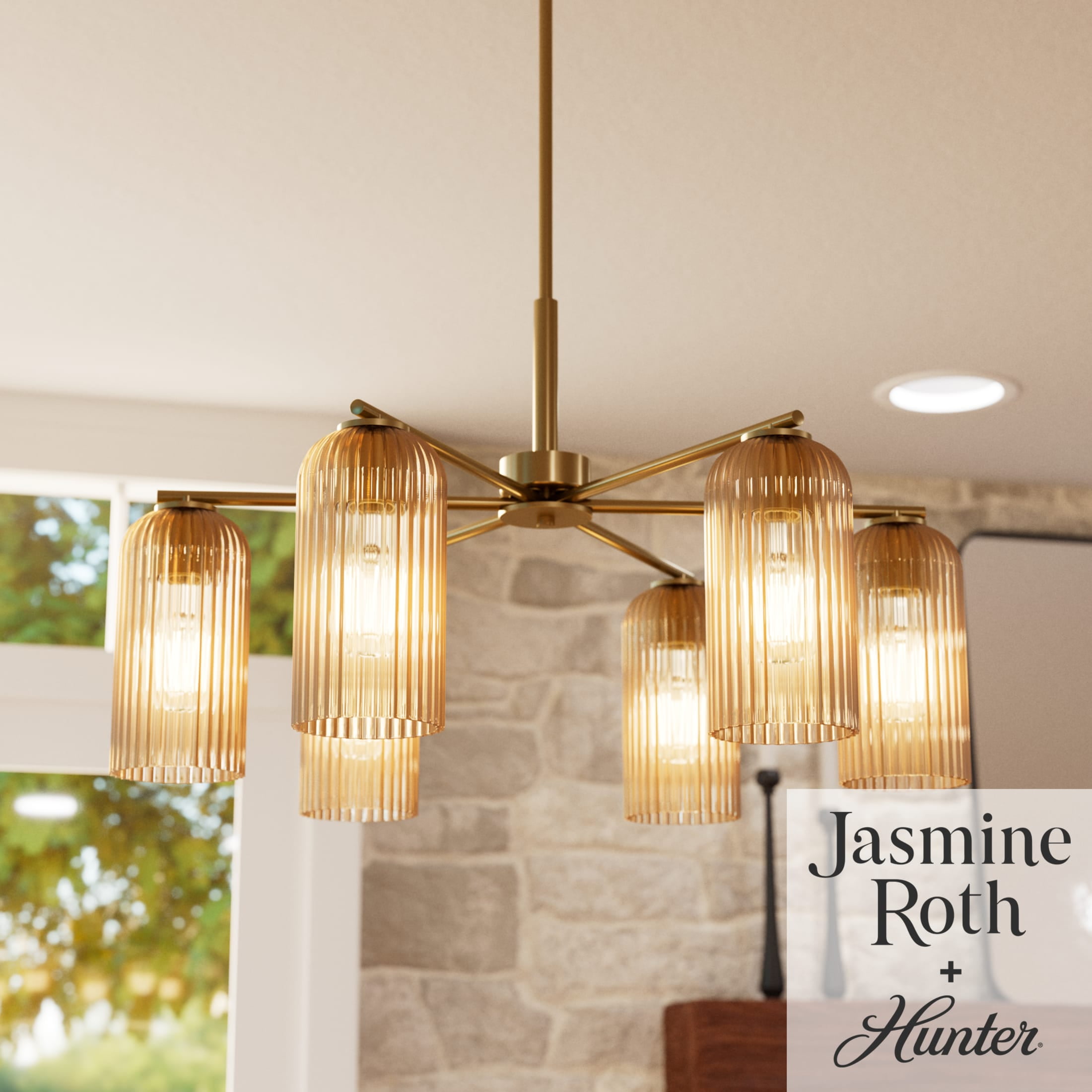 Beverly Glen Luxe Gold 6-Light Chandelier with Amber Glass Shades
