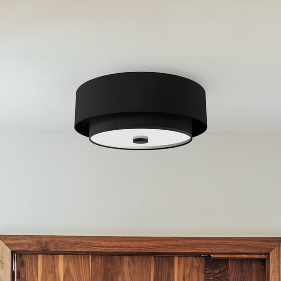 Hunter - Brookside 2-light Matte Black, Medium Size Flush Mount Light, Dimmable, Transitional Style, Drum Shaped, for Bedrooms, Dining, Living Rooms - 48123