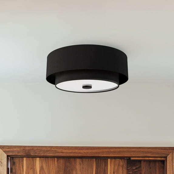 Hunter - Brookside 2-light Matte Black, Medium Size Flush Mount Light, Dimmable, Transitional Style, Drum Shaped, for Bedrooms, Dining, Living Rooms - 48123