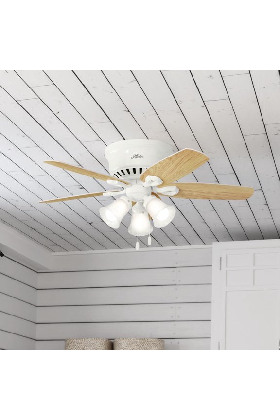 42 inch Indoor Ceiling Fan with LED Lights - White Ceiling Fan with Pull Chain, For Bedroom, Living Room, or Kitchen, Low Profile Mount, No Remote, 5 Blades - Builder 51090, Snow White