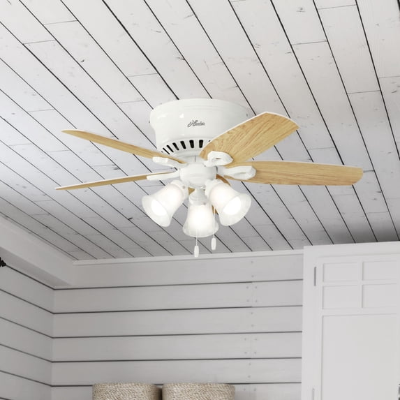 Hunter 42 inch Indoor Ceiling Fan with LED Lights - White Ceiling Fan with Pull Chain, For Bedroom, Living Room, or Kitchen, Low Profile Mount, No Remote, 5 Blades - Builder 51090, Snow White