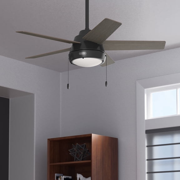 Hunter 44 inch Indoor Ceiling Fan with LED Light - Black Ceiling Fan with Pull Chain, For Bedroom or Living Room, Standard Mount, No Remote, 5 Blades, Includes Bulbs - Burroughs 51385, Matte Black