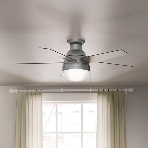 Hunter 46 inch Indoor Ceiling Fan with LED Light - Ceiling Fan with Pull Chain, For Bedroom, Living Room, or Kitchen, Low Profile Mount, No Remote, 5 Blades - Anslee 59270, Matte Silver