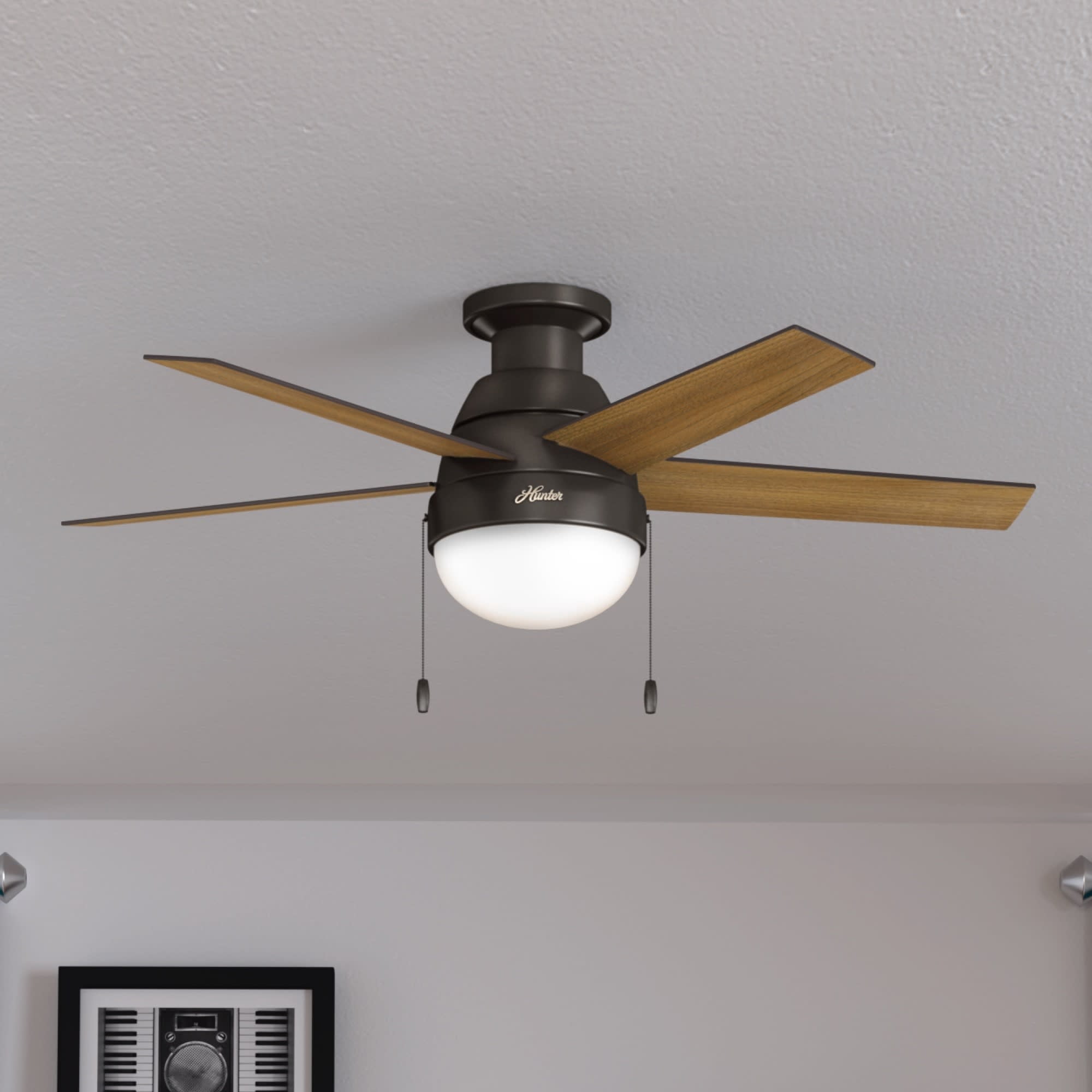 Hunter 46 inch Indoor Ceiling Fan with LED Light - Bronze Ceiling Fan with Pull Chain, For Bedroom, Living Room, or Kitchen, Low Profile Mount, No Remote, 5 Blades - Anslee 59268, Premier Bronze