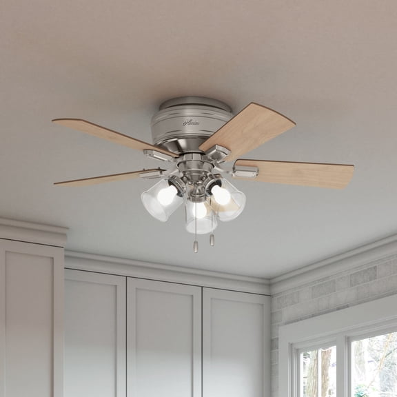 Hunter 42 inch Indoor Ceiling Fan with LED Lights and Pull Chain - Low Profile Mount Ceiling Fan, 5 Blades, For Bedroom, Living Room, or Kitchen, Quiet - Crestfield 52154, Brushed Nickel