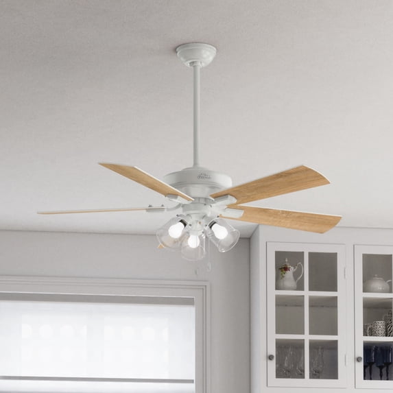 Hunter 52 inch Indoor Ceiling Fan with LED Lights and Pull Chain - White Ceiling Fan, 5 Blades, Standard Mount, For Bedroom, Living Room, or Kitchen, 3 inch Downrod - Crestfield 54204, Fresh White