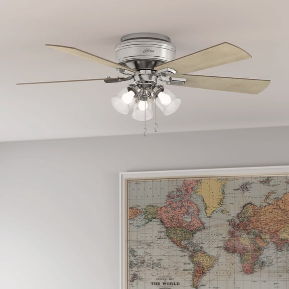 Hunter 52 inch Indoor Ceiling Fan with LED Lights and Pull Chain - Low Profile Mount Ceiling Fan, 5 Blades, For Bedroom, Living Room, or Kitchen, Quiet - Crestfield 54209, Brushed Nickel