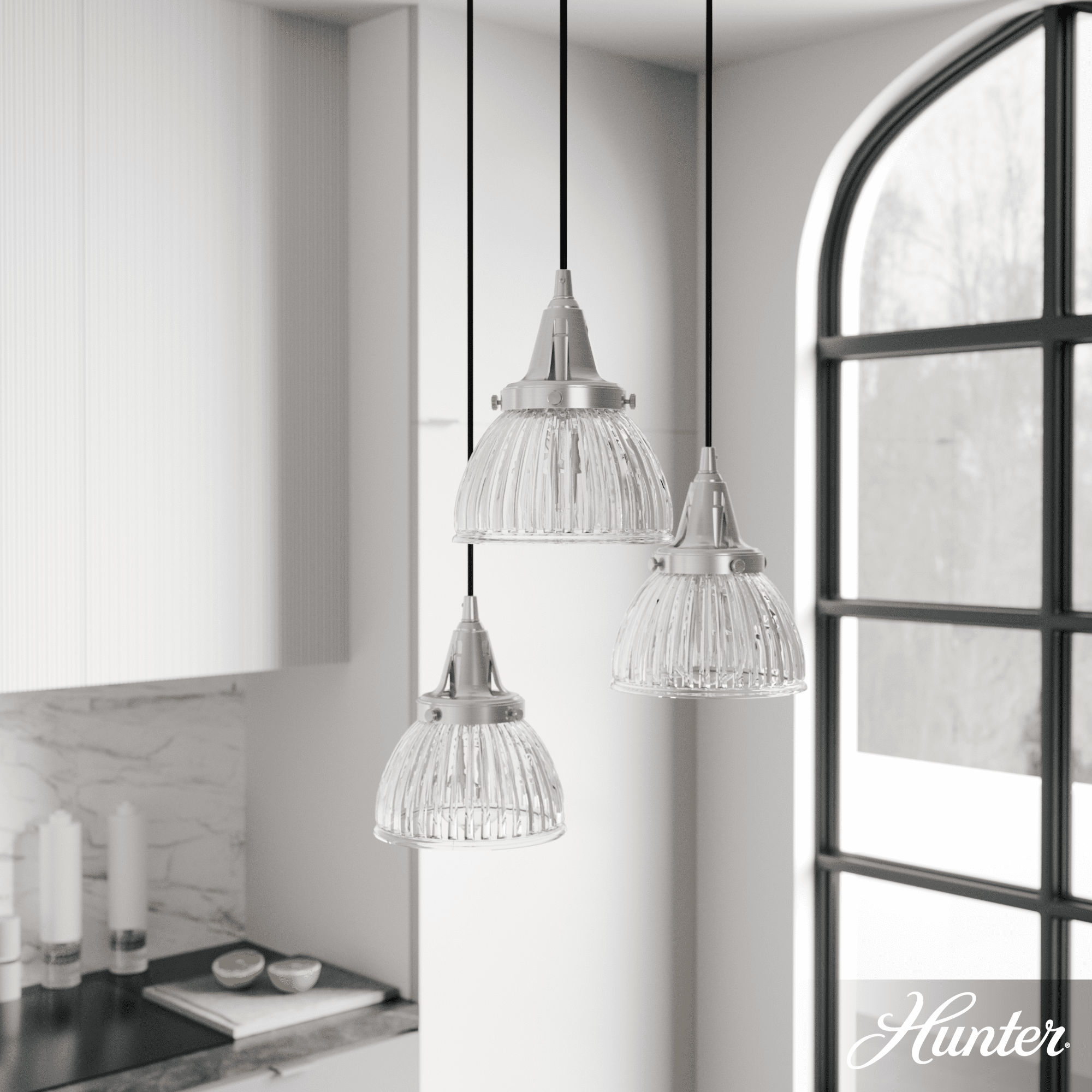 Brushed Nickel 3-Light Cluster Pendant with Fluted Glass Shades