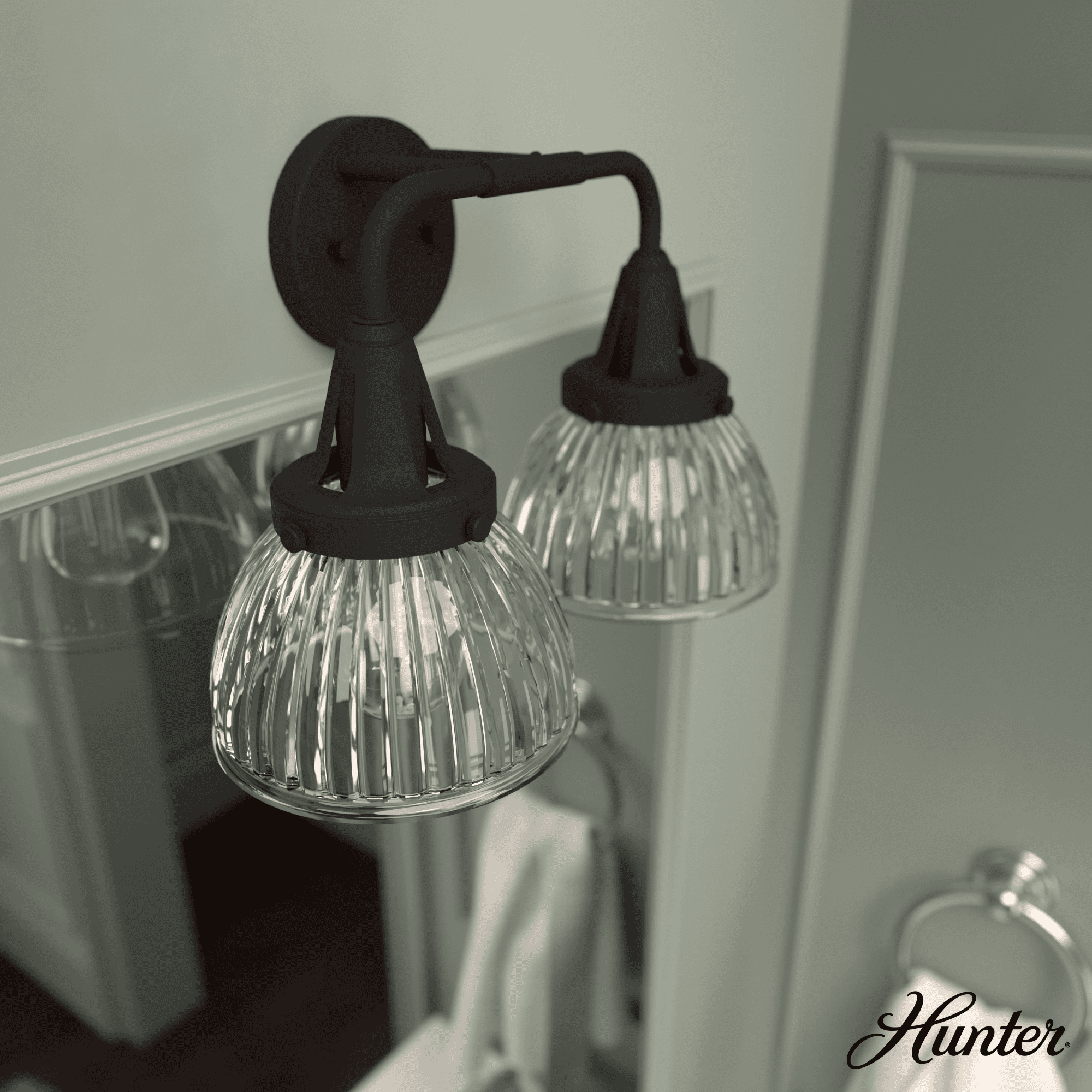 Black Iron 2-Light Fluted Glass Vanity Wall Sconce