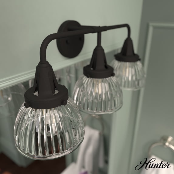 Hunter - Cypress Grove 3-light Natural Black Iron, Medium Size Vanity Light, Dimmable, Transitional Style, for Bedrooms, Dining, Living Rooms - 19257