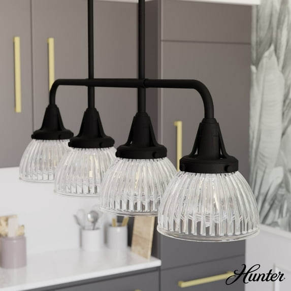 Hunter - Cypress Grove 4-light Natural Black Iron, Large Chandelier, Dimmable, Transitional Style, Linear Shaped, for Bedrooms, Dining, Living Rooms - 19184