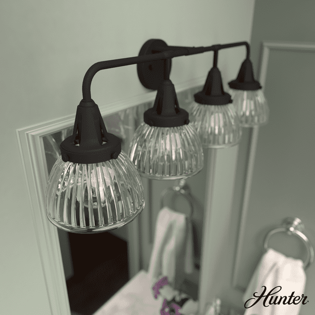 Hunter - Cypress Grove 4-light Natural Black Iron, Medium Size Vanity Light, Dimmable, Transitional Style, for Bedrooms, Kitchens, Dining, Living Rooms - 19259