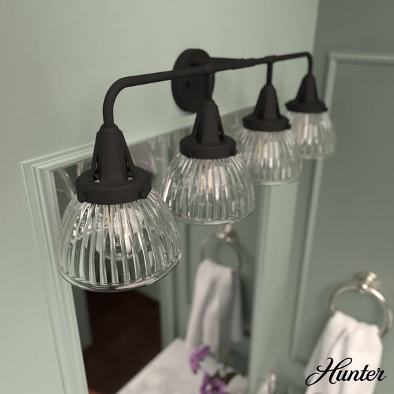 Hunter - Cypress Grove 4-light Natural Black Iron, Medium Size Vanity Light, Dimmable, Transitional Style, for Bedrooms, Dining, Living Rooms - 19259