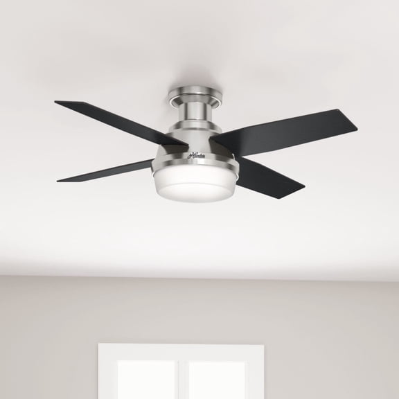Hunter 44 inch Indoor Ceiling Fan with LED Light and Remote Control - Modern Ceiling Fan, Low Profile Mount, 4 Black Oak Blades, For Bedroom, Living Room, or Kitchen - Dempsey 59243, Brushed Nickel