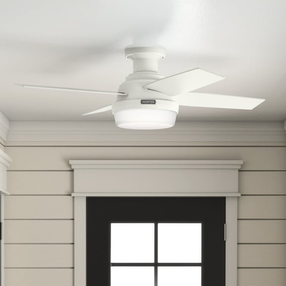 Hunter 44 inch Indoor Ceiling Fan with LED Light and Remote Control - White Modern Ceiling Fan, Low Profile Mount, 4 Blades, For Bedroom, Living Room, or Kitchen, Quiet - Dempsey 59244, Fresh White