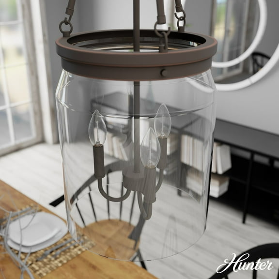 Hunter - Devon Park 3-light Onyx Bengal, Medium Size Pendant Light, Dimmable, Rustic Style, Cylinder Shaped, for Bedrooms, Dining, Living Rooms - 19153