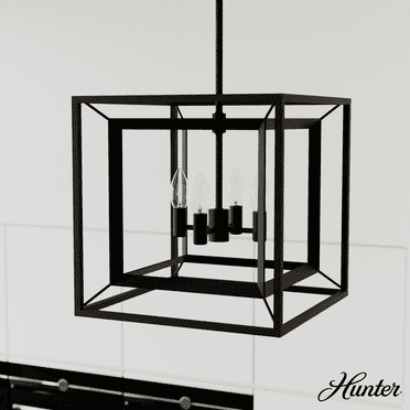 Hunter - Doherty 4-light Natural Black Iron, Small Chandelier, Dimmable, Casual Style, Square Shaped, for Bedrooms, Kitchens, Dining, Living Rooms - 19400