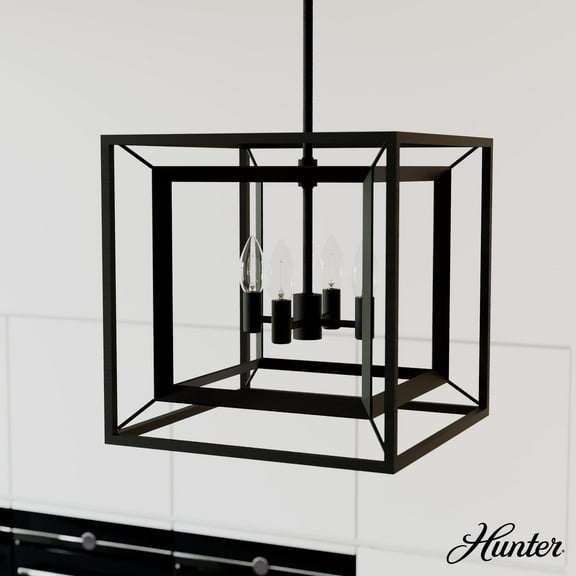 Hunter - Doherty 4-light Natural Black Iron, Small Chandelier, Dimmable, Casual Style, Square Shaped, for Bedrooms, Dining, Living Rooms - 19400