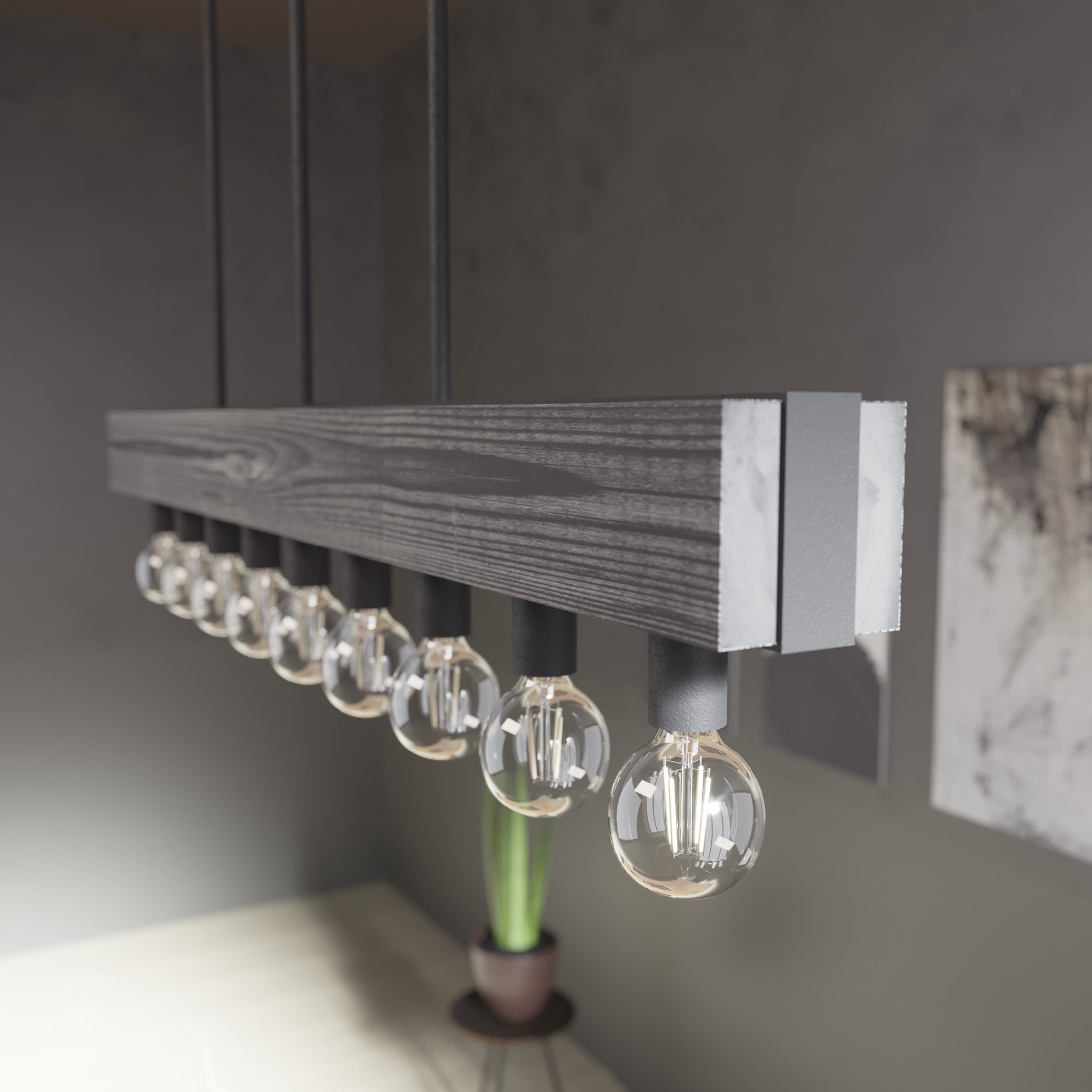 Donelson Black Iron and Wood 9-Light Linear Chandelier