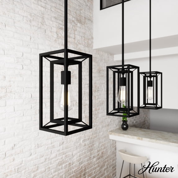 Hunter - Doherty 1-light Natural Black Iron, Mini Pendant Light, Dimmable, Casual Style, Rectangle Shaped, for Bedrooms, Dining, Living Rooms - 19755