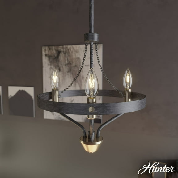 Hunter - Merlin 3-light Rustic Iron, Small Chandelier, Dimmable, Industrial Style, Empire Shaped, for Bedrooms, Dining, Living Rooms - 19803