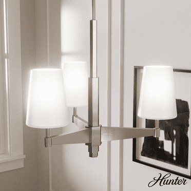 Hunter - Nolita 3-light Brushed Nickel, Medium Size Chandelier, Dimmable, Modern Style, Candle Shaped, for Bedrooms, Kitchens, Dining, Living Rooms - 19877