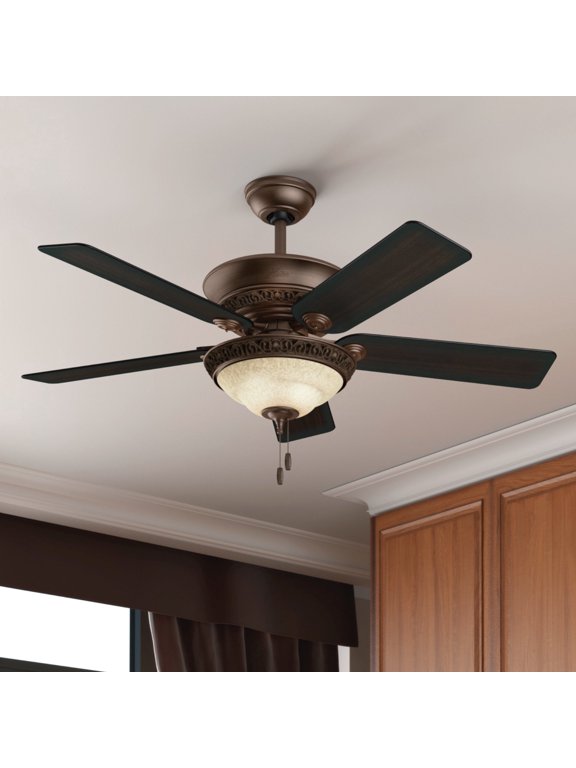 52 inch Indoor Ceiling Fan with LED Light - Brown Ceiling Fan with Pull Chain, For Bedroom or Living Room, Standard Mount, No Remote, 5 Blades - Italian Countryside 53200, P.A. Cocoa
