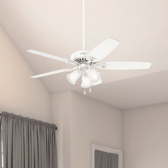 Hunter 52 inch Indoor Ceiling Fan with LED Lights - White Ceiling Fan with Pull Chain, For Bedroom or Living Room, Standard Mount, No Remote, 5 Blades, Includes Bulbs - Builder Plus 53236, Snow White