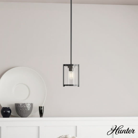 Hunter - Astwood 1-light Matte Black, Mini Pendant Light, Dimmable, Caged Style, Cylinder Shaped, for Bedrooms, Dining, Living Rooms - 19005