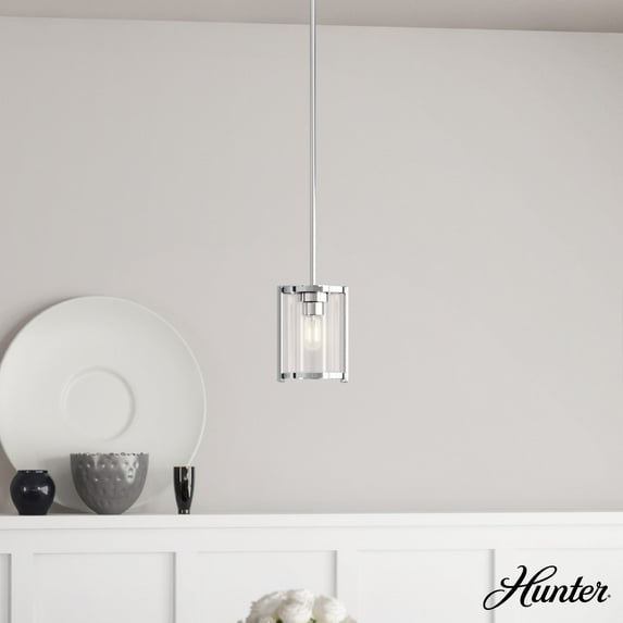 Hunter - Astwood 1-light Polished Nickel, Mini Pendant Light, Dimmable, Caged Style, Cylinder Shaped, for Bedrooms, Dining, Living Rooms - 19004