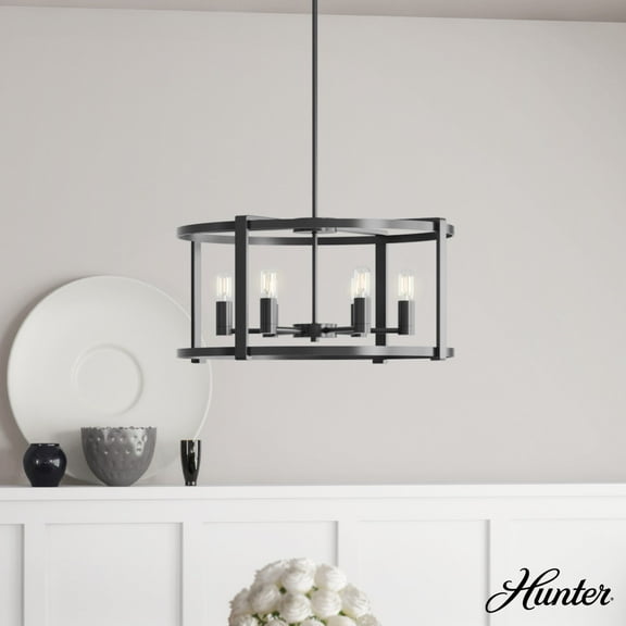 Hunter - Astwood 6-light Matte Black, Large Chandelier, Dimmable, Caged Style, Drum Shaped, for Bedrooms, Dining, Living Rooms - 19001