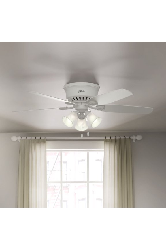52 inch Indoor Ceiling Fan with LED Lights - White Ceiling Fan with Pull Chain, For Bedroom, Living Room, or Kitchen, Low Profile Mount, No Remote, 5 Blades - Builder 53326, Snow White
