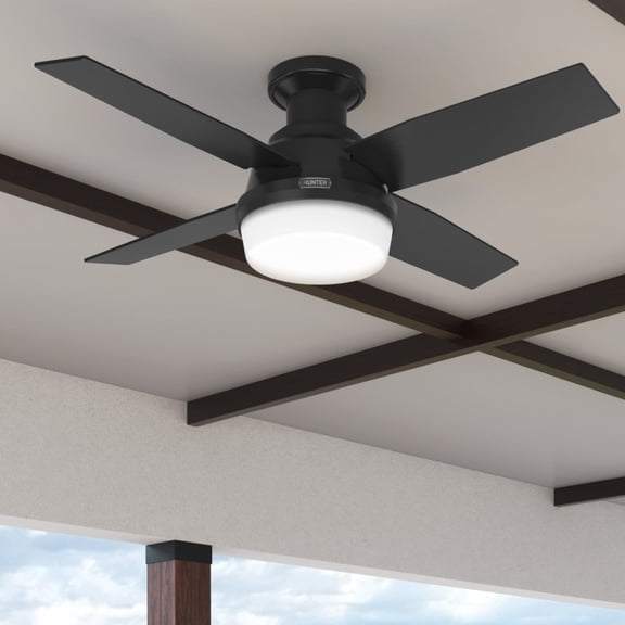 Hunter 44 inch Outdoor or Indoor Ceiling Fan with LED Light and Remote Control - Low Profile Mount Ceiling Fan, 4 Blades, For Patio, Porch, Garage, or Living Room, Quiet - Dempsey 50400, Matte Black