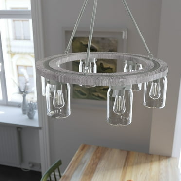 Hunter - Devon Park 6-light Brushed Nickel, Large Chandelier, Dimmable, Rustic Style, Wagon Wheel Shaped, for Bedrooms, Kitchens, Dining, Living Rooms - 19211