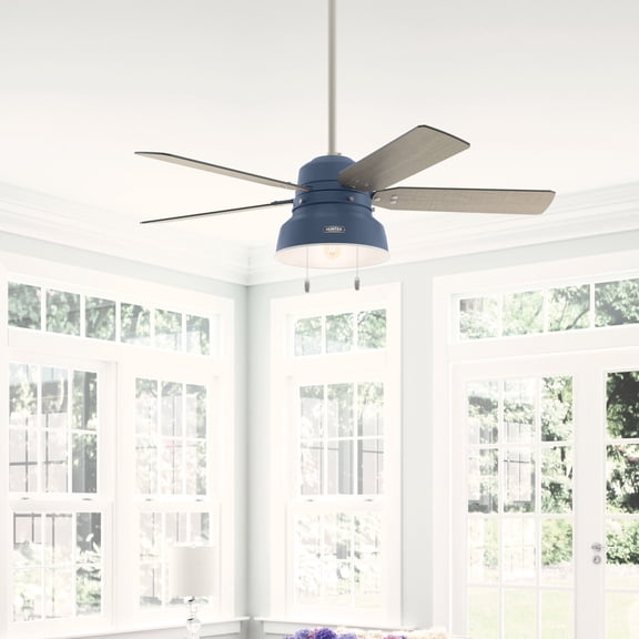 Hunter 52 inch Outdoor or Indoor Ceiling Fan with LED Light - Rustic Ceiling Fan with Pull Chain, For Bedroom, Living Room, or Patio, Standard Mount, No Remote - Mill Valley 50252, Indigo Blue