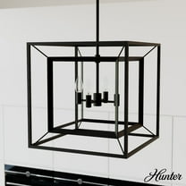Hunter - Doherty 4-light Natural Black Iron, Medium Size Chandelier, Dimmable, Casual Style, Square Shaped, for Bedrooms, Dining, Living Rooms - 19404