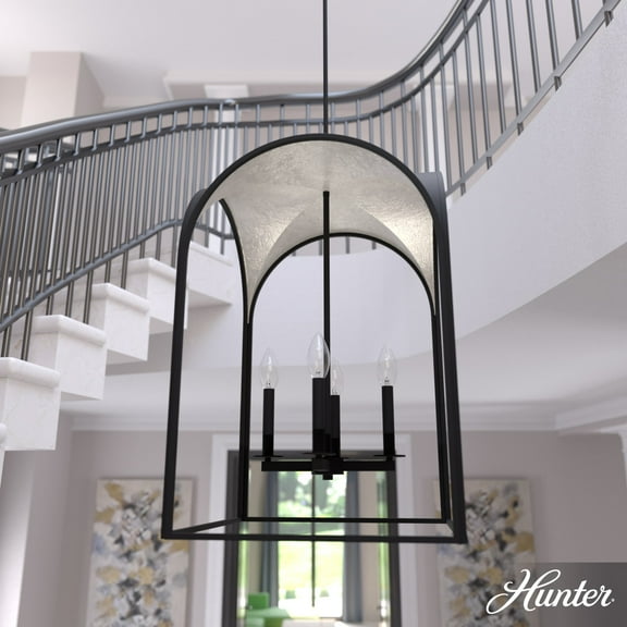 Hunter - Dukestown 4-light Natural Black Iron, Medium Size Pendant Light, Dimmable, Formal Style, Lantern Shaped, for Bedrooms, Dining, Living Rooms - 19734