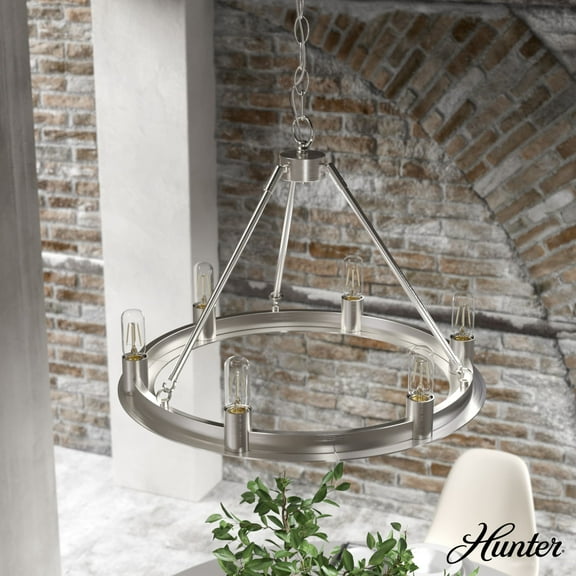 Hunter - Saddlewood 6-light Brushed Nickel, Large Chandelier, Dimmable, Casual Style, Wagon Wheel Shaped, for Bedrooms, Dining, Living Rooms - 19034