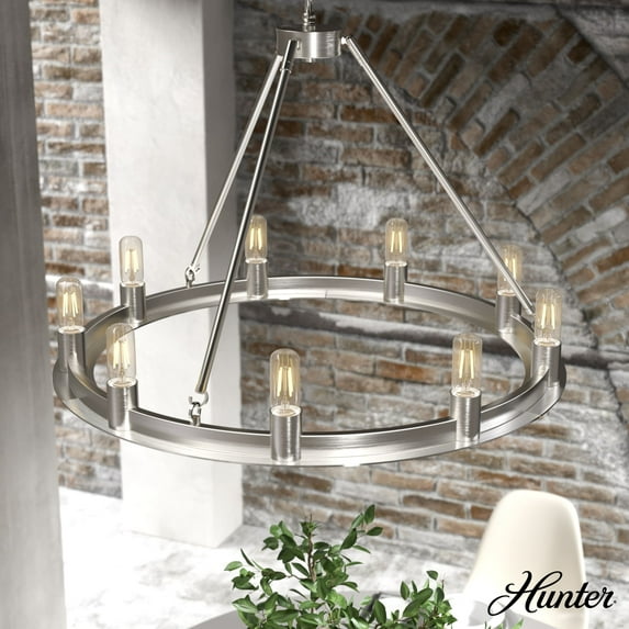 Hunter - Saddlewood 9-light Brushed Nickel, Large Chandelier, Dimmable, Casual Style, Wagon Wheel Shaped, for Bedrooms, Dining, Living Rooms - 19031