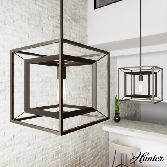 Hunter - Doherty 1-light Onyx Bengal, Medium Size Pendant Light, Dimmable, Industrial Style, Square Shaped, for Bedrooms, Dining, Living Rooms - 19407