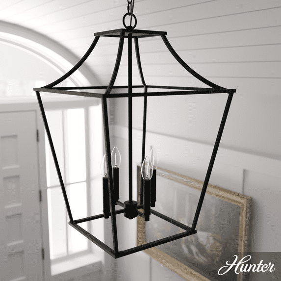 Hunter - Laurel Ridge 4-light Natural Black Iron, Medium Size Pendant Light, Dimmable, Formal Style, Lantern Shaped, for Bedrooms, Kitchens, Dining, Living Rooms - 19704