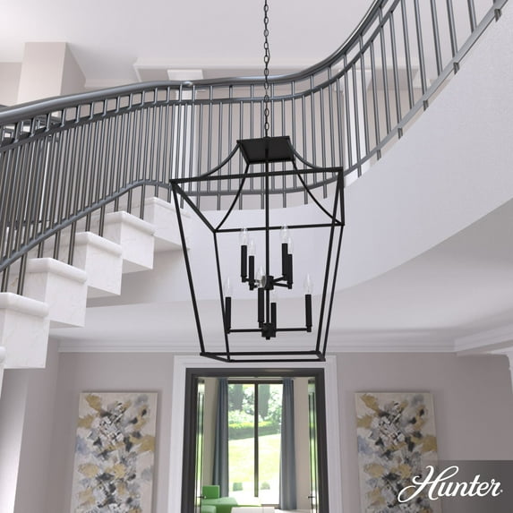 Hunter - Laurel Ridge 8-light Natural Black Iron, Large Pendant Light, Dimmable, Formal Style, Lantern Shaped, for Bedrooms, Dining, Living Rooms - 19771